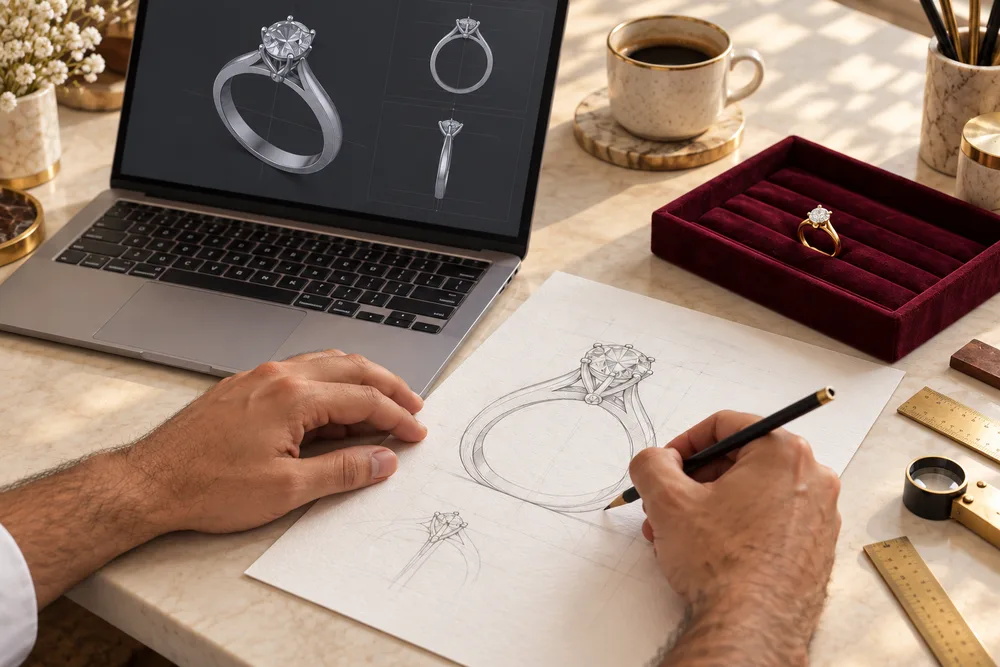 Illustrative close-up of hands sketching a ring beside a laptop and coffee